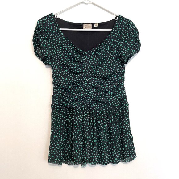 POSTMARK ANTHROPOLOGIE ANTHRO Gray ? Green Polka Dot Ruched Preppy Peplum Blouse - Picture 2 of 13